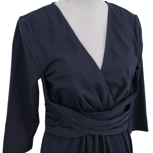 eShakti Dress Womens 12 Navy Blue Cotton Stretch Knit Zip Faux Wrap V Neck - Picture 6 of 12